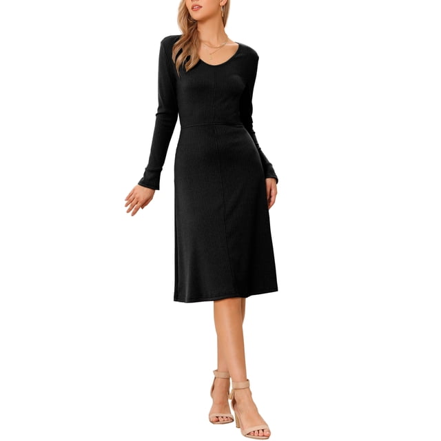 Vestido de punto acanalado INSPIRE CHIC para mujer, vestido de suéter midi de manga larga y cuello redondo, talla XS, color negro