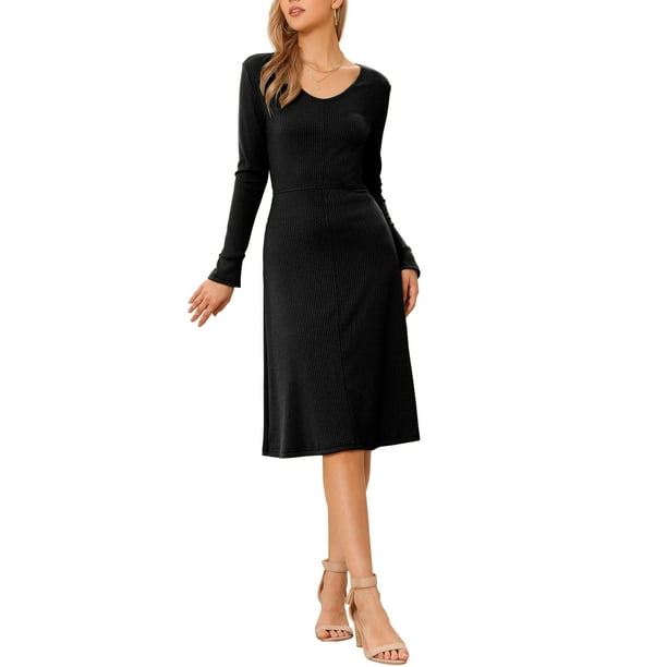 Vestido de punto acanalado INSPIRE CHIC para mujer, vestido de suéter midi de manga larga con cuello redondo, talla XL, color negro