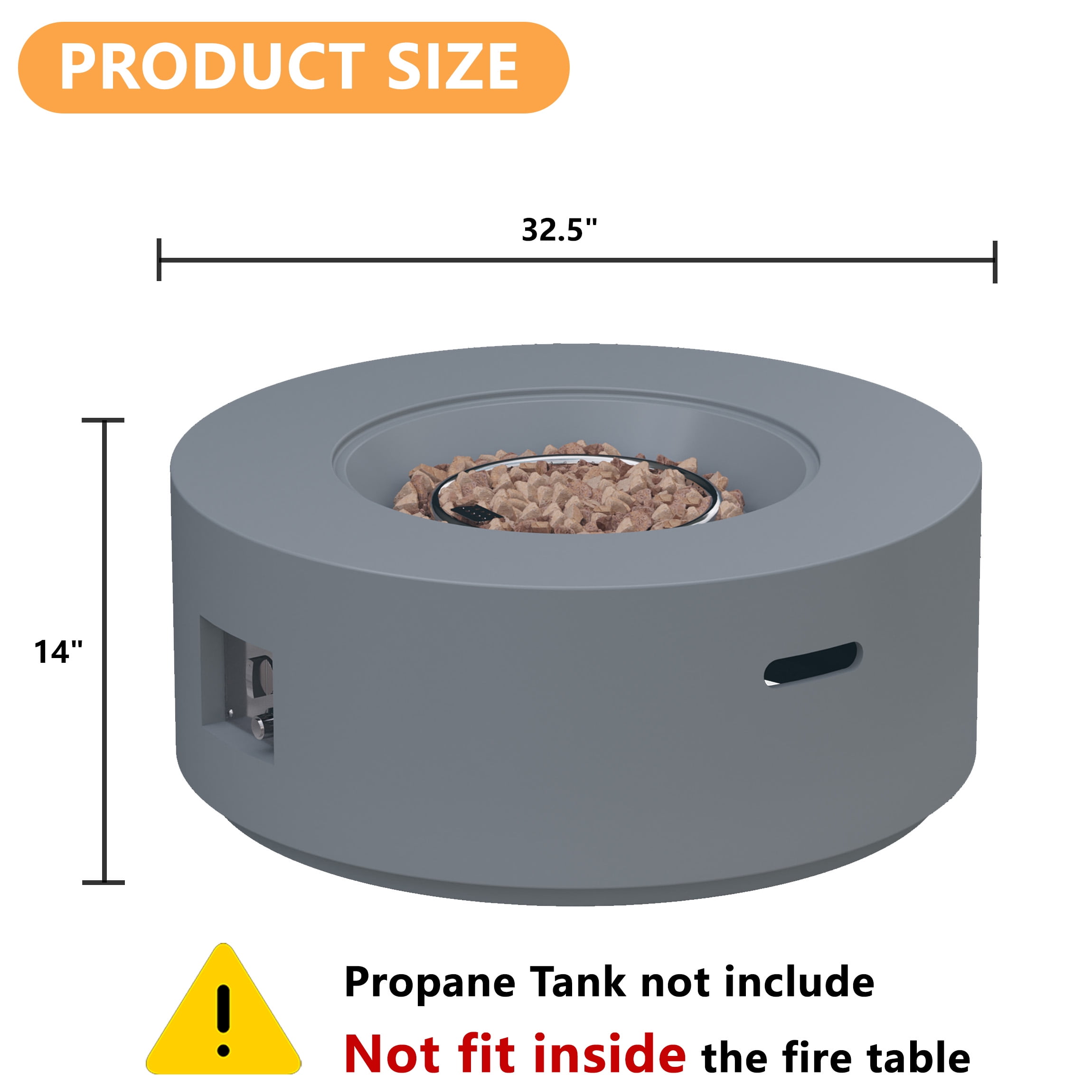 Wakeyard 32.5 inch Round Propane Fire Pit Table, 50000 BTU, Includes Lava Rock,Gray