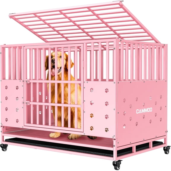 CAMMOO 48" Foldable Heavy Duty Dog Crate Cage for Large Dogs,XL Dog Kennel Indoor,4 Lockable Wheels,Widened Floor Panel,Adjustable Internal Height, Pink