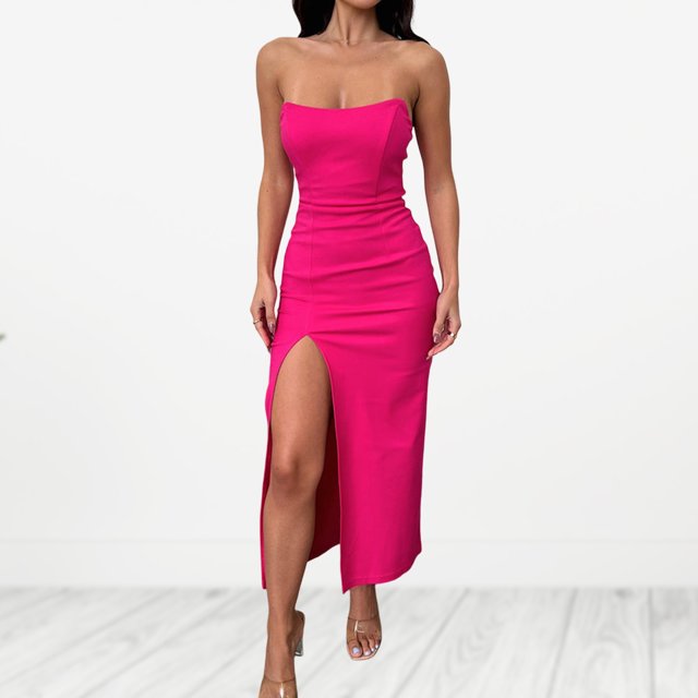 Vestido Vestido ajustado para mujer, traje de vacaciones con abertura lateral y cuello oblicuo sin espalda (rosa rojo L) Kuymtek Rosa roja T L para Mujer