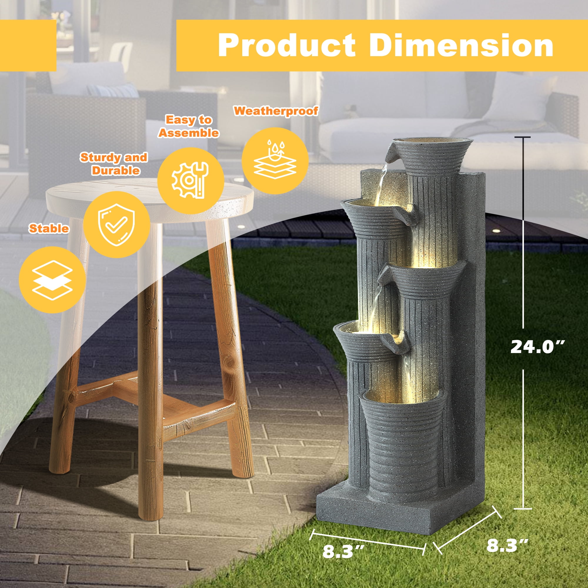 Magic Union Outdoor Water Fountain, 5 Tiers Cascading Waterfall Indoor Water Feature Garden Decor with LED Lights, Fountains Outside Patio Resin for Yard, Deck, Porch and Home, Bamboo Elements