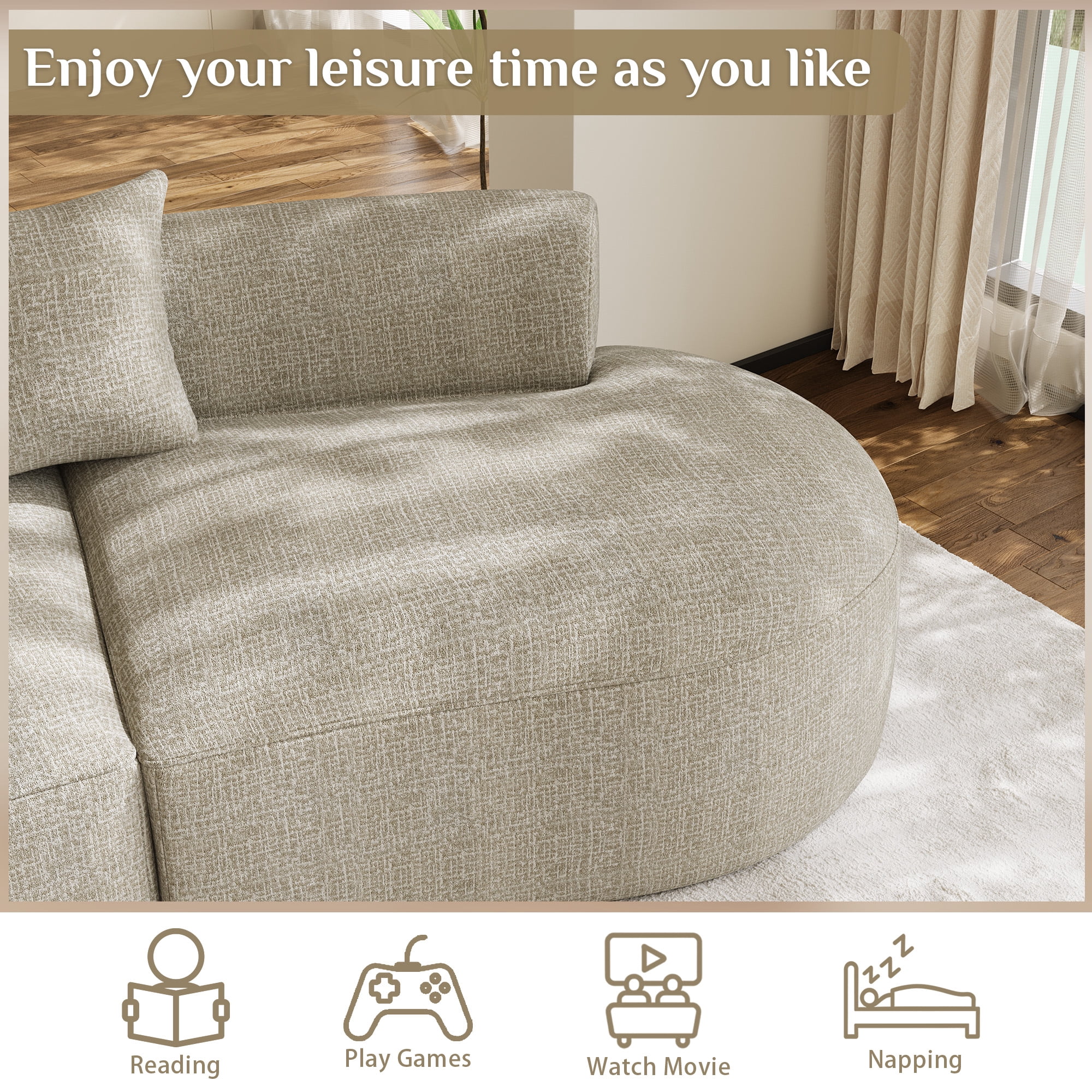 Wiilayok Modern Chenille Sofa,Curved Sofa with Deep Seat,Cloud Compression Sofa Couch for Living Room,No Assembly,Light Brown