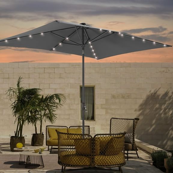 ACEGOSES LED Outdoor Patio 6x9ft Deck Solar Light Market Umbrella, Outside Table Umbrellas With Polyester canopy,Gray