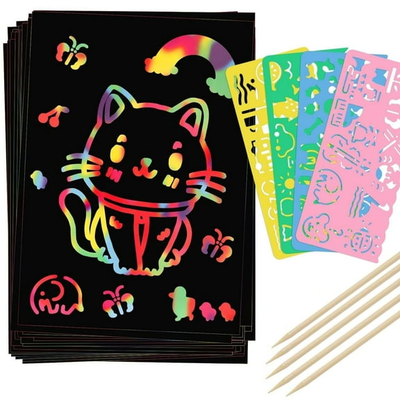Topboutique Rainbow Scratch Paper Art Set 50 Sheets Scratch Paper Off Set with 5 Wooden Stencils and 4 Stencils Black DIY Scratch Painting Art Paper for Christmas Birthday Gifts Party Games