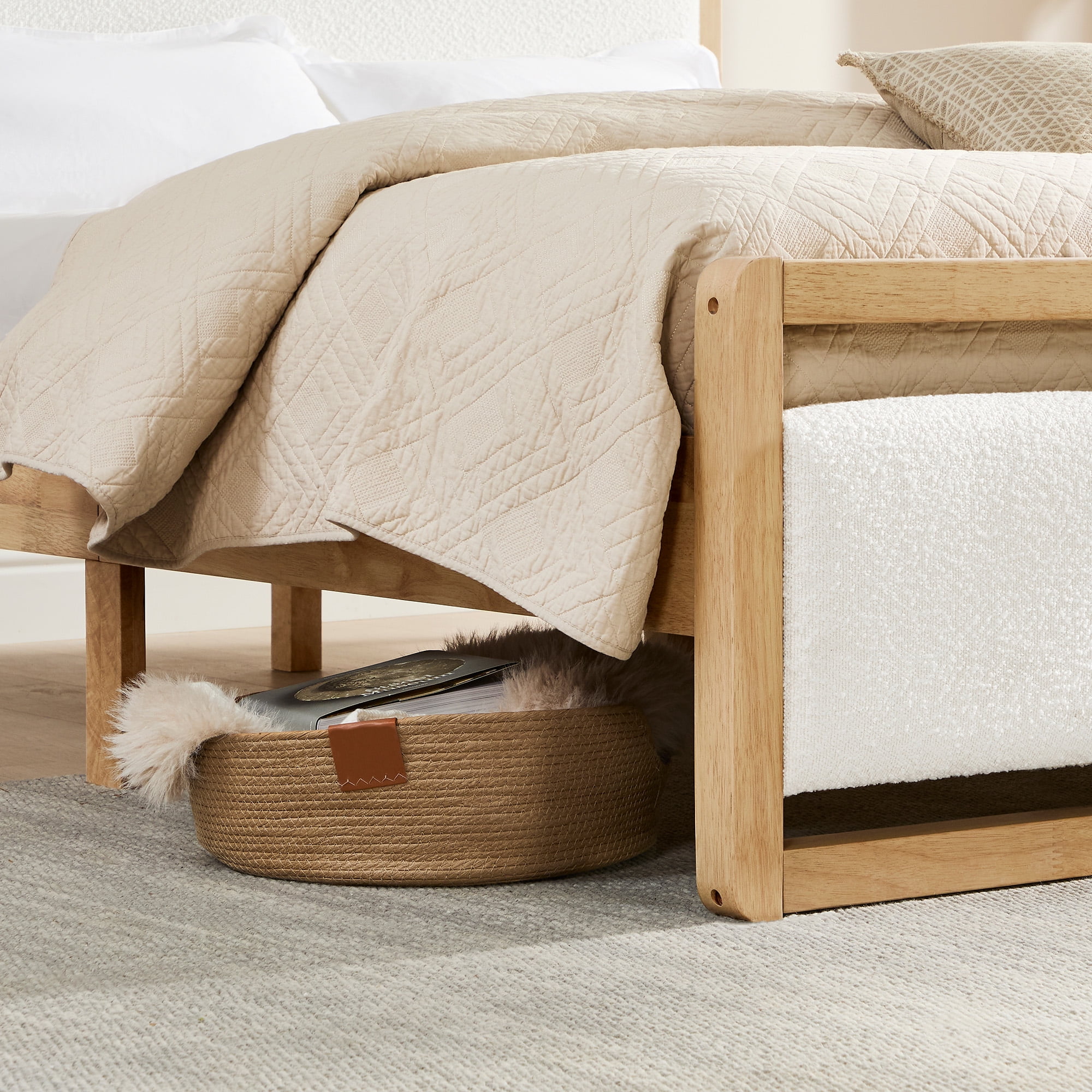 Spruce & Spring Modern Upholstered Platform Bed Frame with USB and Type-C Charging Beige, Queen