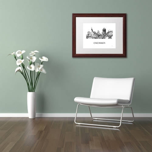 Trademark Fine Art 'Cincinnati Ohio Skyline WB-BW' Canvas Art by Marlene Watson, White Matte, Wood Frame