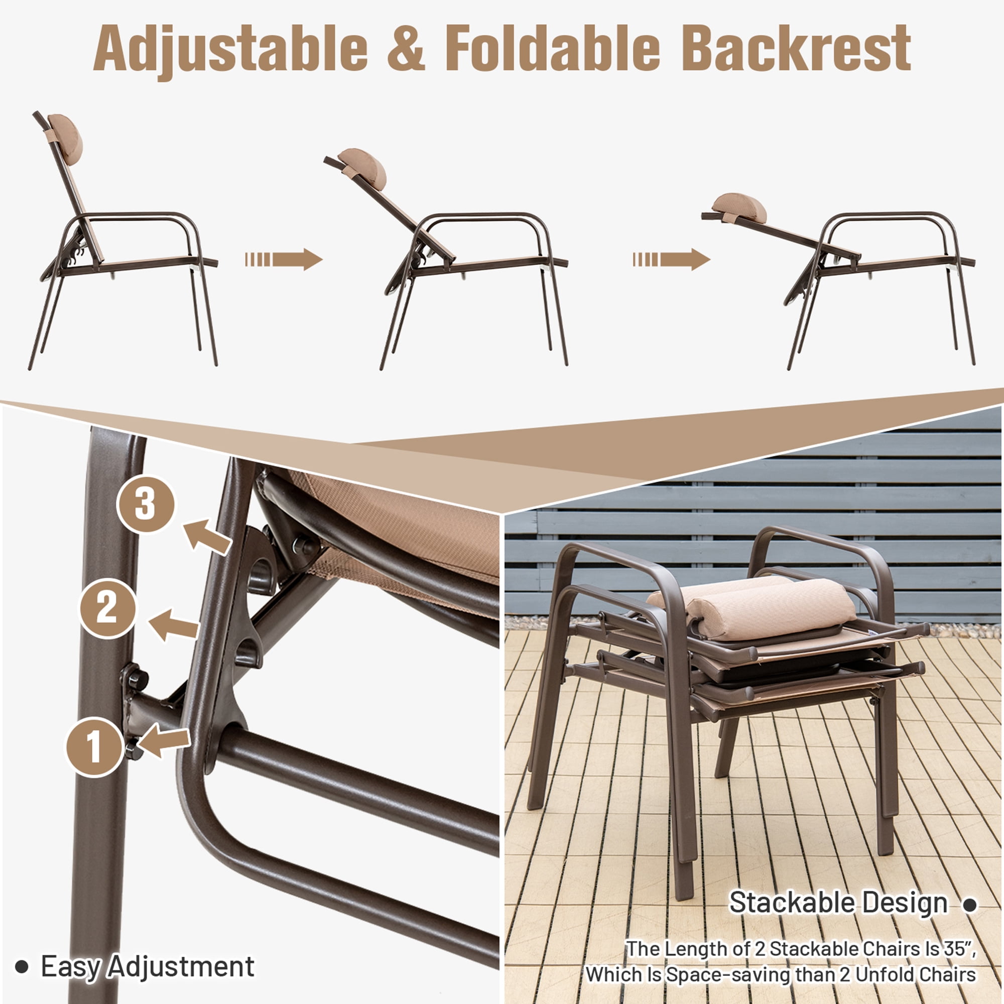Gymax Brown 3PCS Outdoor Bistro Set Patio Conversation Set w/ Adjustable Backrest