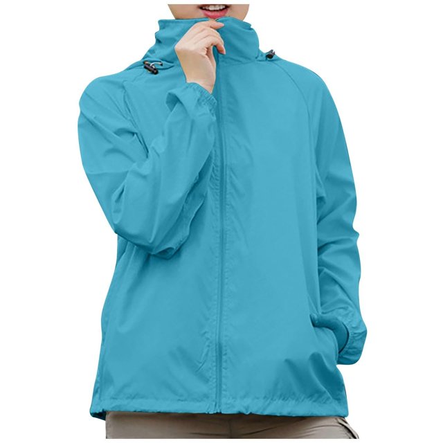 Clearance! MITCOWBOYS Jackets For Women Women Solid Rain Jacket Outdoor Plus Size Hooded Windproof Loose Coat Water Proof Raglan Cuff Storage Bag Womens Fall Jackets Womens Casual Jacket XL Blue