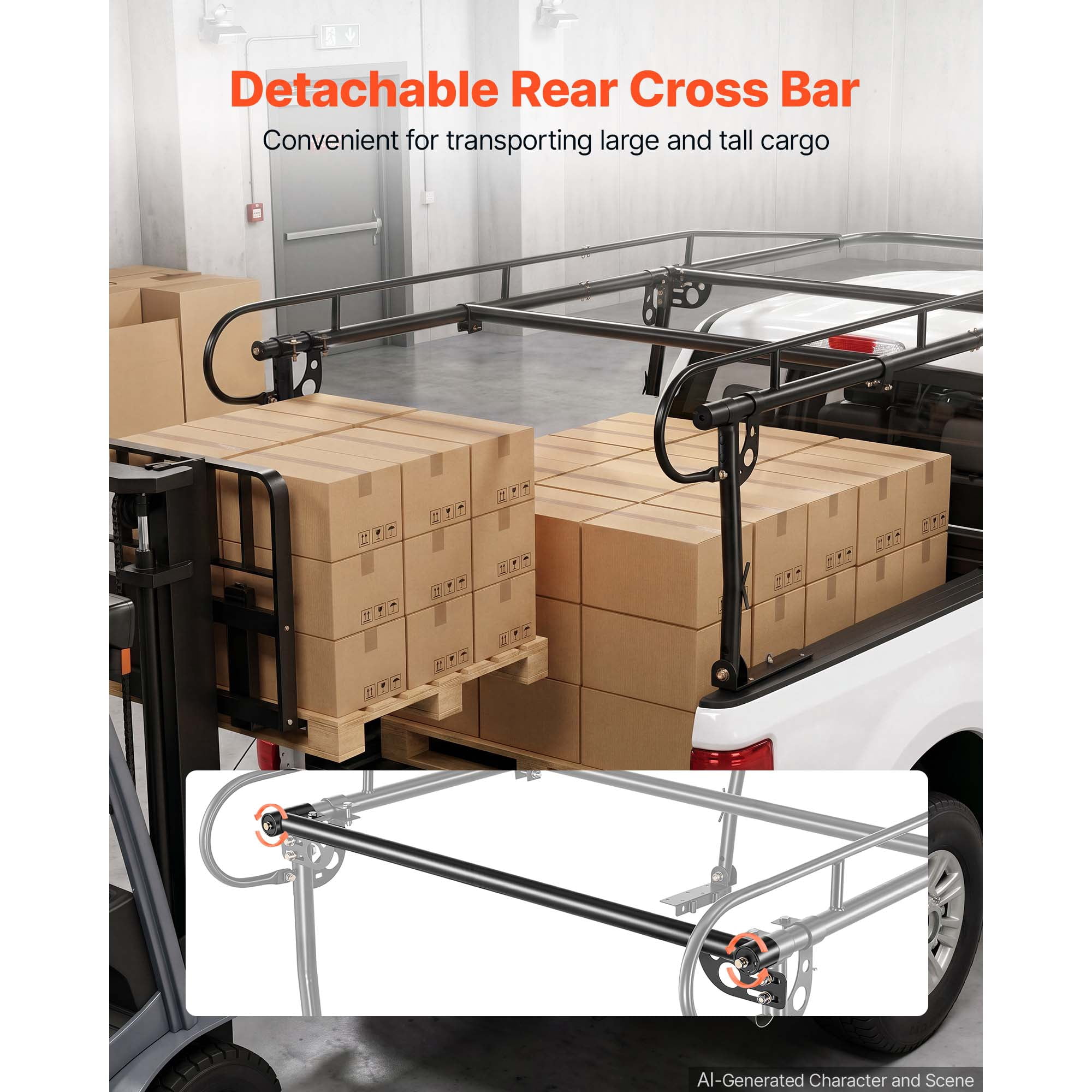 KFFKFF Truck Ladder Rack with 1500LBS Capacity, Adjustable Over-Cab Design for 51.2"-75" Truck Beds, Ideal for Kayaks, Surfboards, Lumber, and Heavy Cargo, Non-Drilling Installation