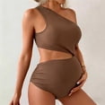 thumbnail image 2 of JIAHONG Maternity Swimsuit Cutout One Shoulder Bikini Set 2 Piece Bathing Suits with Adjustable Tie and High Waist Bottom, Brown, 2 of 5