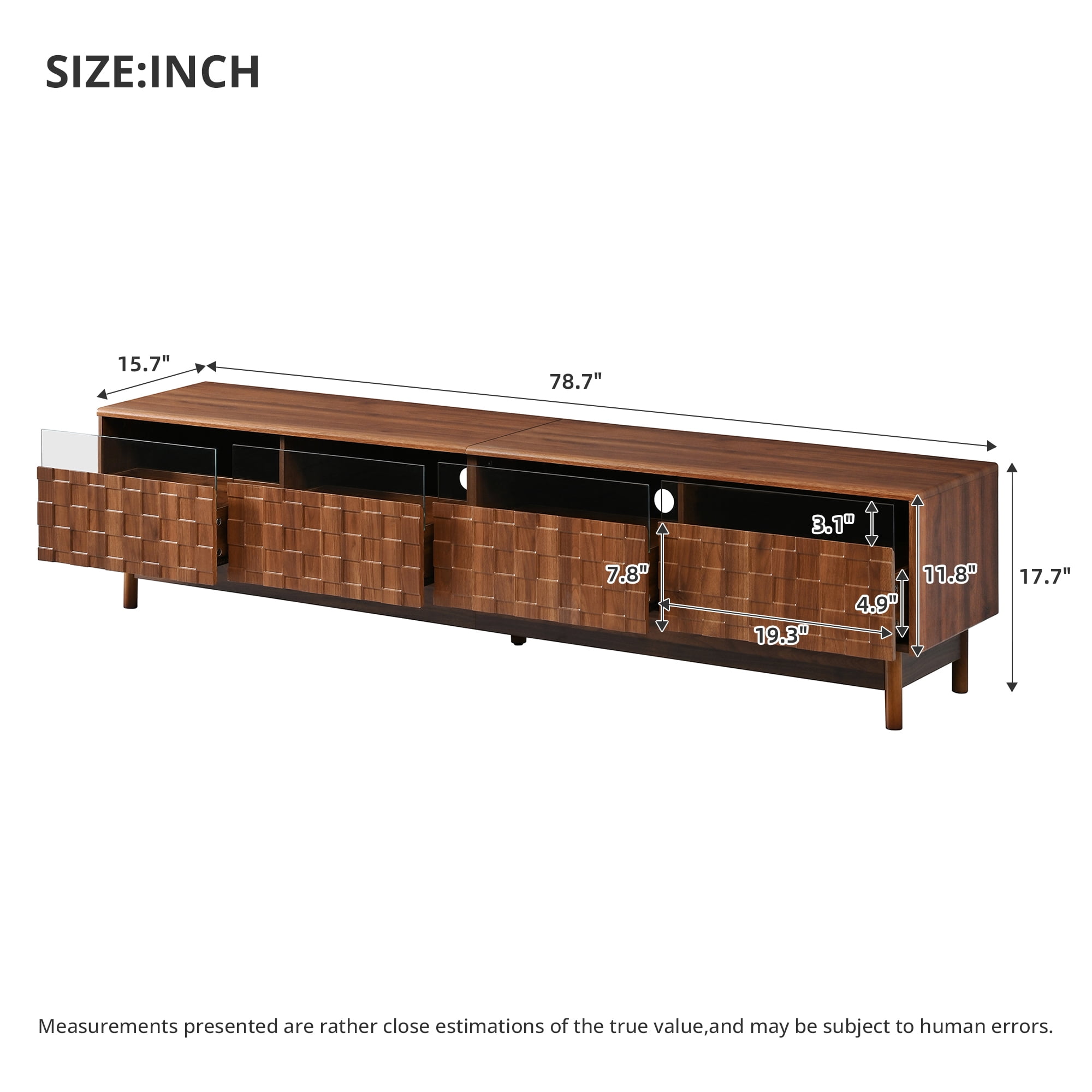 Homy Casa 78.7" Fluted TV Stand for TVs up to 85", Media Console with 4 Glass-Front Drawers, Walnut