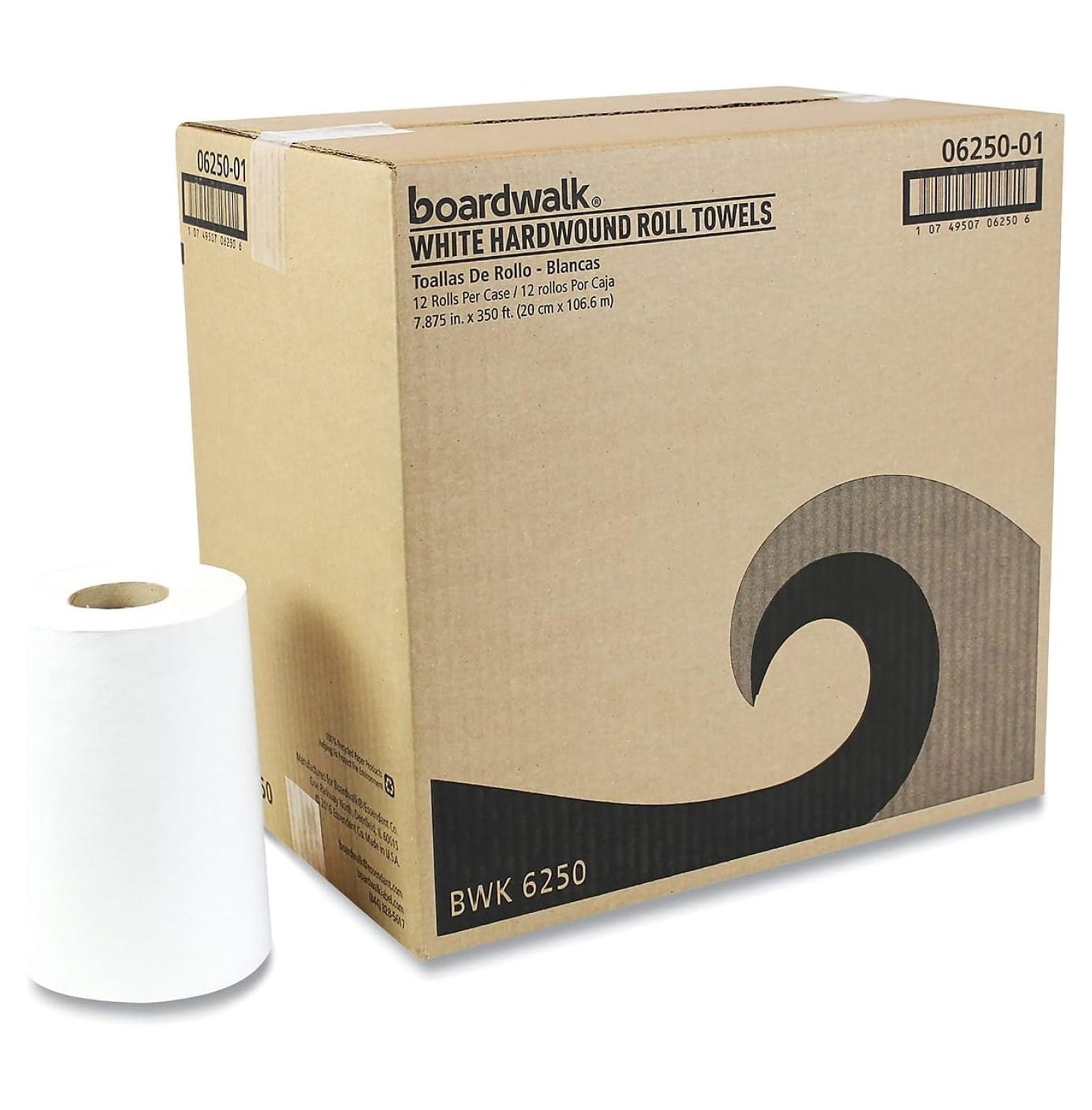 BWK6250 Paper Towels - 8in x 350ft, 1-Ply Hardwound Roll, White (12/Carton) - Washroom Hand Drying, Non-Perforated Towels for Commercial & Home Use