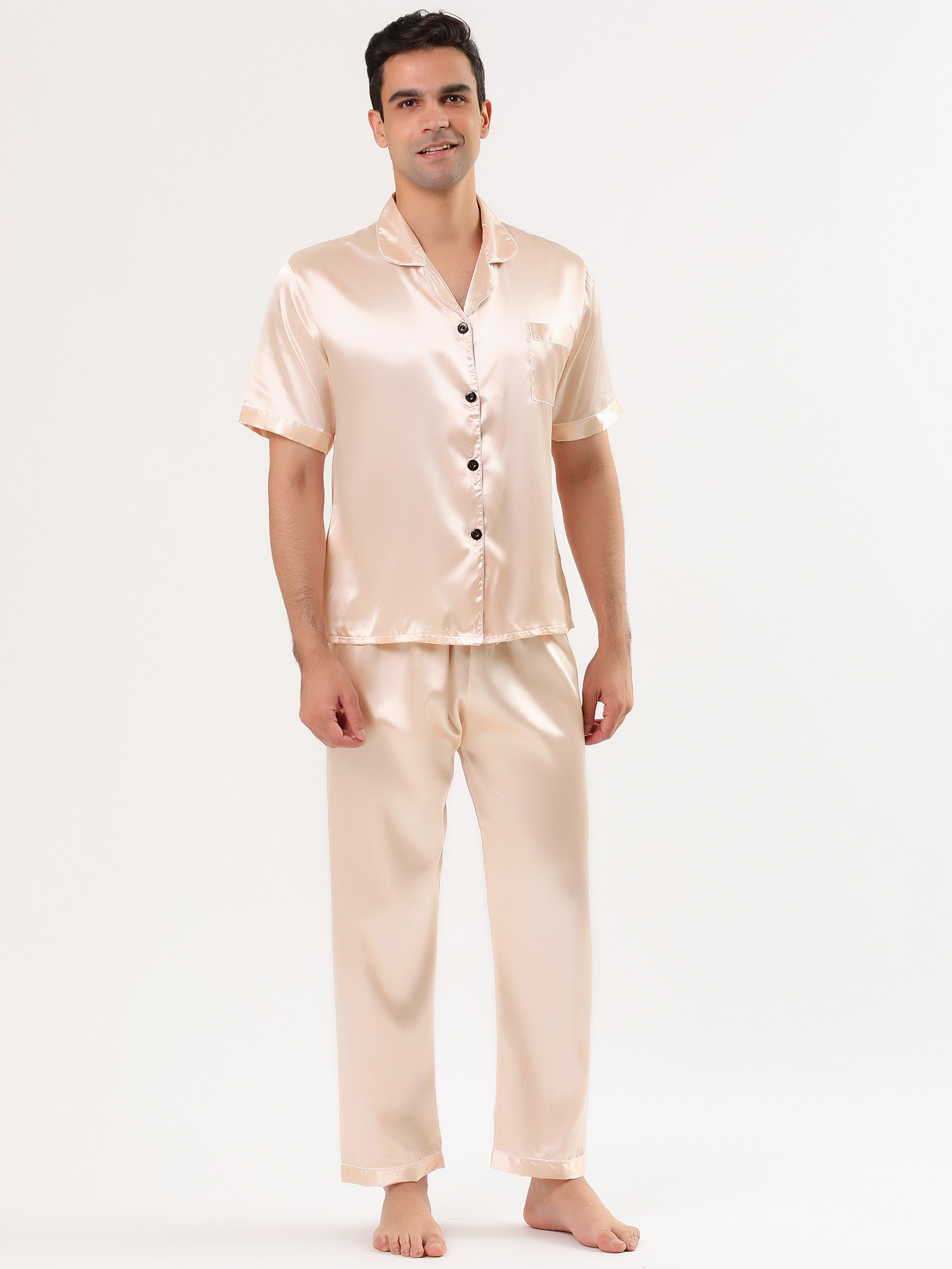 Unique Bargains Men's Button Down Satin Pajama Sets Short Sleeves Nightwear X-Large Rose Gold