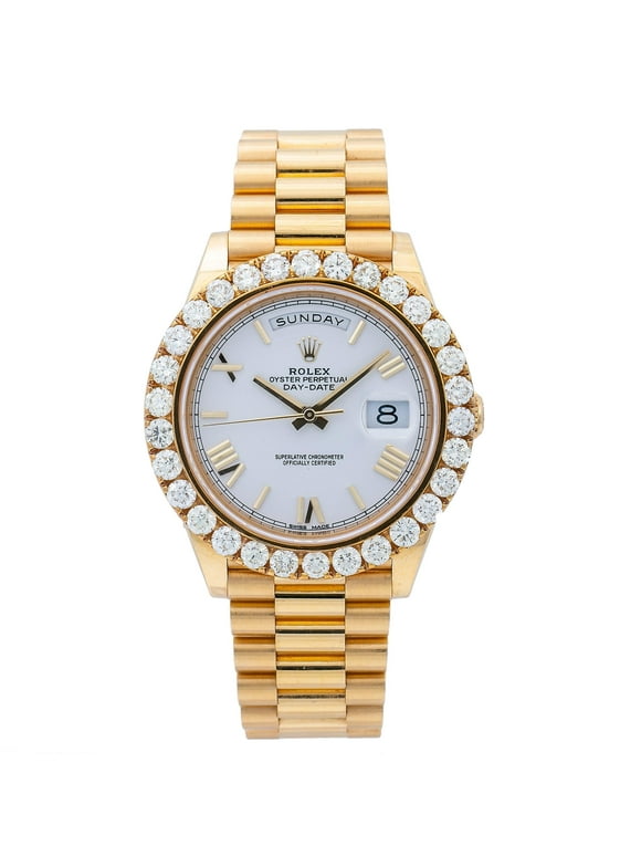 Pre-Owned Rolex Day-Date 40MM 228238 White Roman Dial Diamond Bezel 18K Yellow Gold President Bracelet 6ct