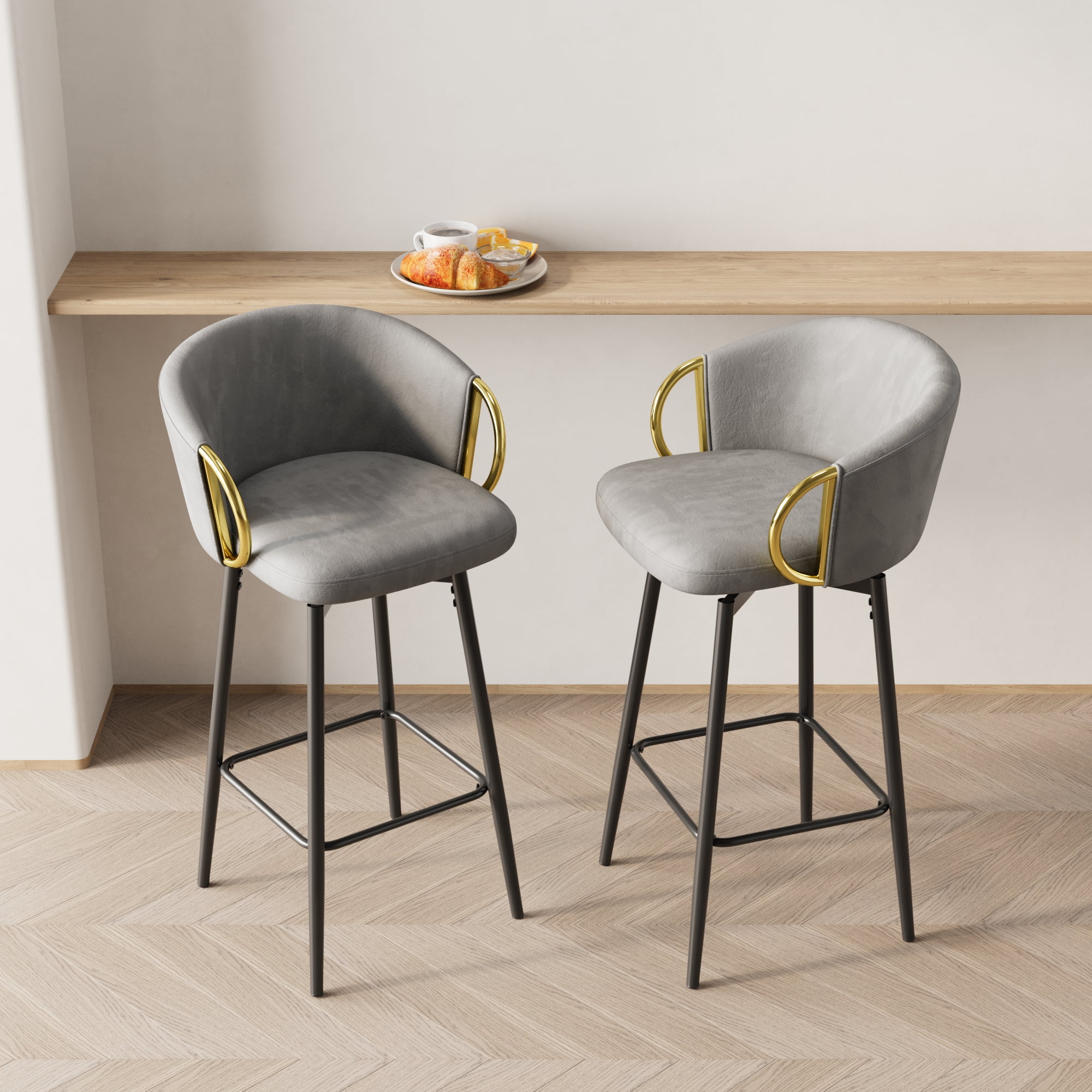 MAYEERTY 30" Velvet Swivel Bar Chairs Set of 2 – Modern Grey & Black, Comfortable, Space-Saving, Easy Assembly