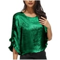 thumbnail image 2 of GaThRRgYP Women's Flowy Short Sleeve Top,Women's Fashionable Solid Color Round Neck Asymmetrical Ruffle Sleeve Long Sleeved Top Green M, 2 of 7