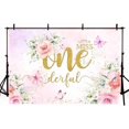 thumbnail image 4 of 7x5FT Miss Onederful Backdrop Girl 1st Birthday Party Decoration Supplies Little Miss Onederful Blush Pink Floral Butterfly Gold Glitter Photography Background Banner Photo Shoot Studio Props, 4 of 5