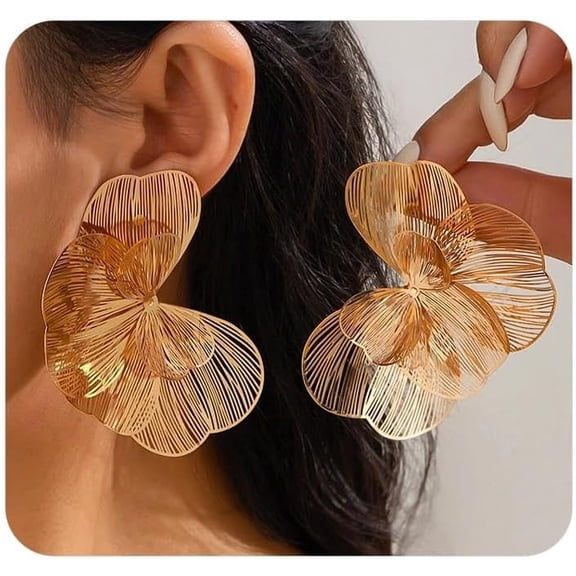 Gold Flower Earrings,Floral Statement Earrings,Trendy Petal Filigree Earrings for Women Formal Jewerly