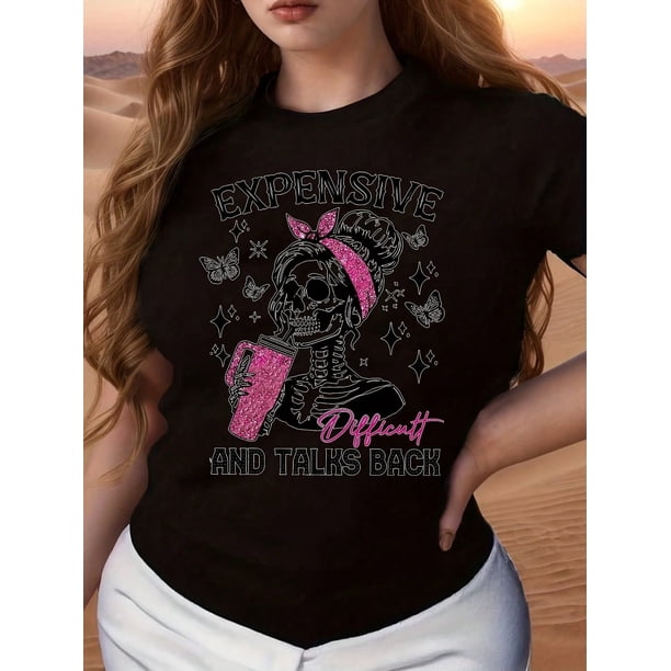 Halloween T-shirt Women's Skull Graphic Print T-Shirt -Graphic Crew Neck Top, Butterfly And Star Graphic, Breathable Short Sleeve Casual Shirt, Suitable For Spring And Summer