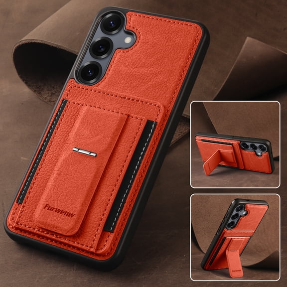 For Samsung Galaxy A17 5G Phone Case,With Card Holder,Foldable Invisible Kickstand,Heavy Duty PC   TPU Hybrid Shockproof Drop protection,Anti-Scratch Non-Slip Durable Rugged Phone Case,Orange