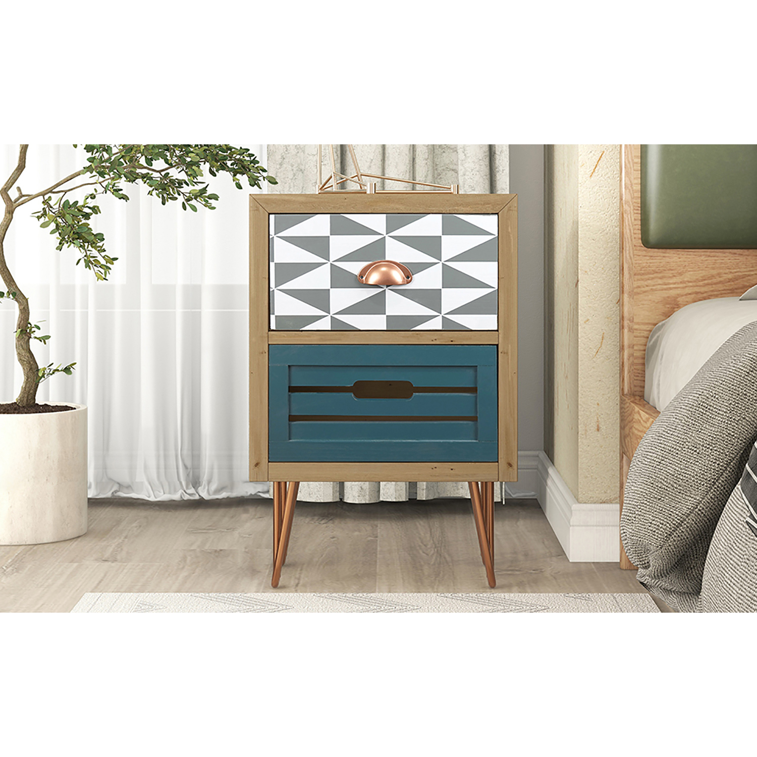 Kepooman Wooden Nightstand with Two Drawer and Metal Feet, Modern Style Bedside Table, Natural Kepooman Wooden Nightstand with Two Drawer and Metal Feet, Modern Style Bedside Table, Natural