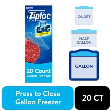 Ziploc Brand Freezer Food Storage Bags, School Supplies, Grip 'n Seal Technology, Zipper, Gallon, 20 Count