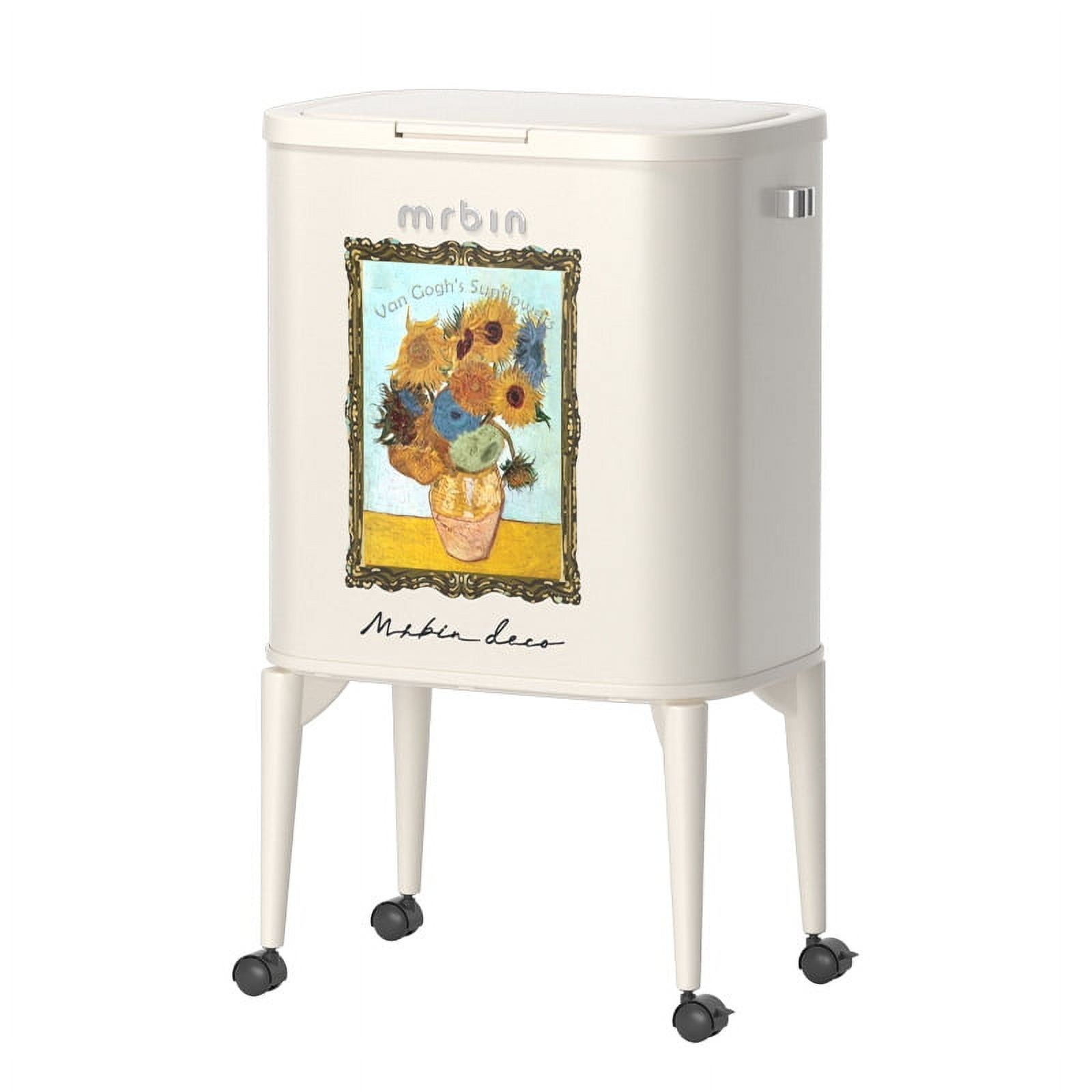 MRBIN Metal Kitchen Trash Can with Wheel Legs, 36L / 9.5gal Medium Press Lid Slim Waste Basket, Pet Proof Tall Narrow Garbage Pail for Vanity, Bedroom, Bathroom, Living Room, Sunflower
