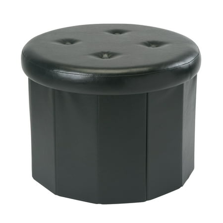 12 Round Leather - Round Folding Faux Leather Storage Ottoman W/ 12 Pockets inside