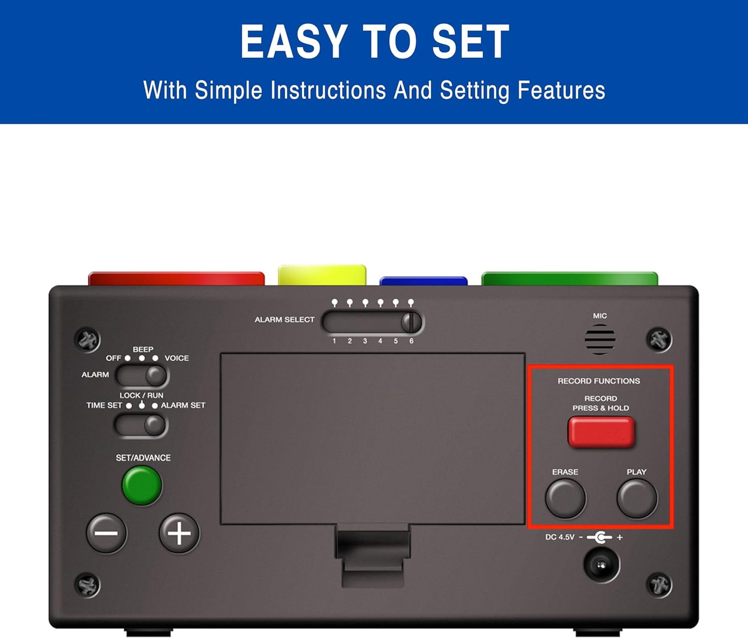 FSA/HSA MEDCENTER Your Minder Voice Record & Alarm Clock – Loud, Easy-to-Set Custom Voice Recording for Medication Alerts, Multicolor, 0.30 Pound