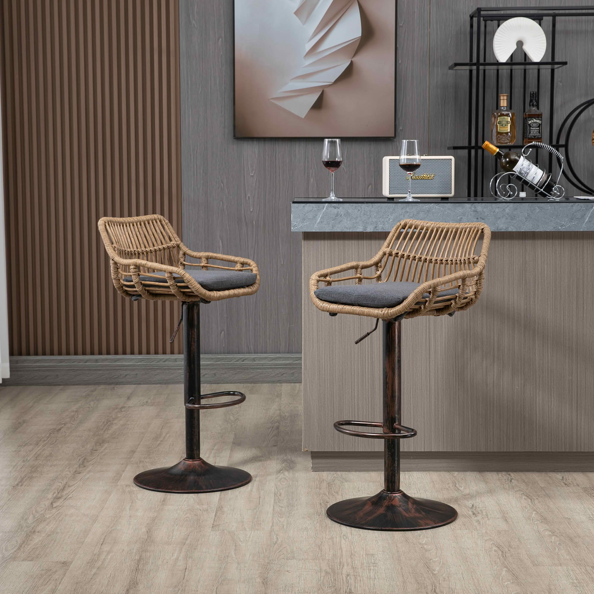 MAYEERTY Swivel Bar Stools Set of 2, Adjustable Height Chairs with Footrest, Linen and PE Rattan Back, Gray