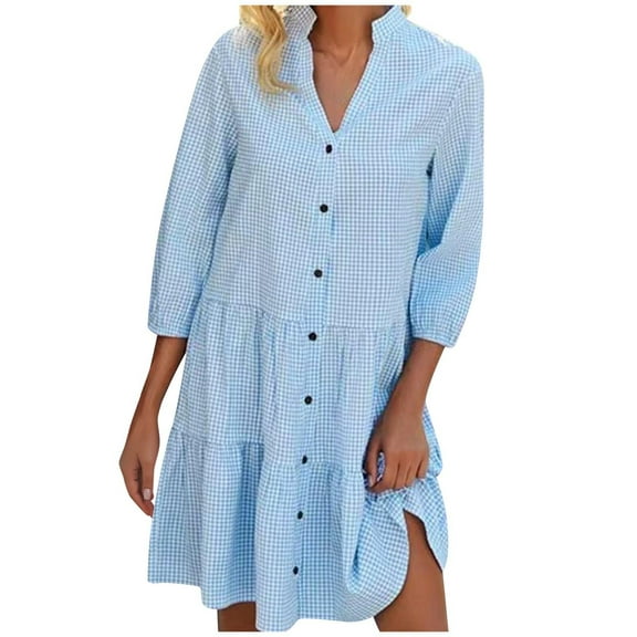 Button Down Dress for Women Summer Casual Solid Color 3/4 Sleeved V-Neck Lattice Standing Collar Cardigan Loose Dresses Flowy Shirt Dress S-3Xl