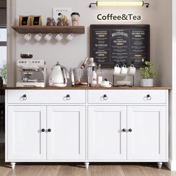 CATRIMOWN Buffet Cabinet with 4 Doors and 2 Drawers,55" Large Coffee Bar Table Wood Kitchen Storage Cabinets with Storage Cabinets, Modern Farmhouse Sideboard Credenza for Dining Room, White