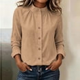 thumbnail image 6 of hoksml Women Stand Collar Gathered Neck Long Sleeve Shirt Cotton Linen Textured Button Down Blouse for Office Daily Travel, 6 of 9