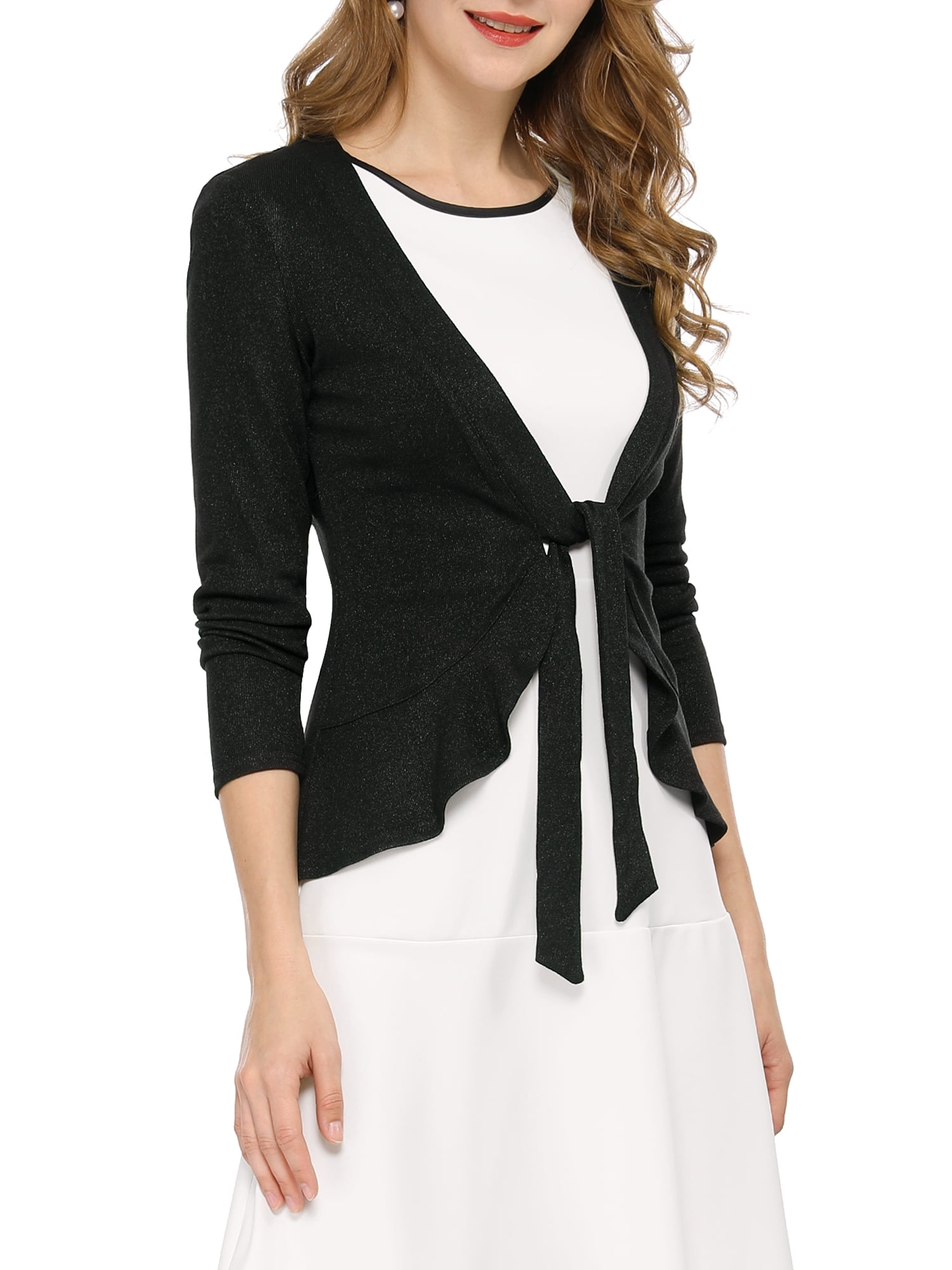 DARING DIVA Women's Tie Front Ruffled Hem Crop Knit Cardigan L Black