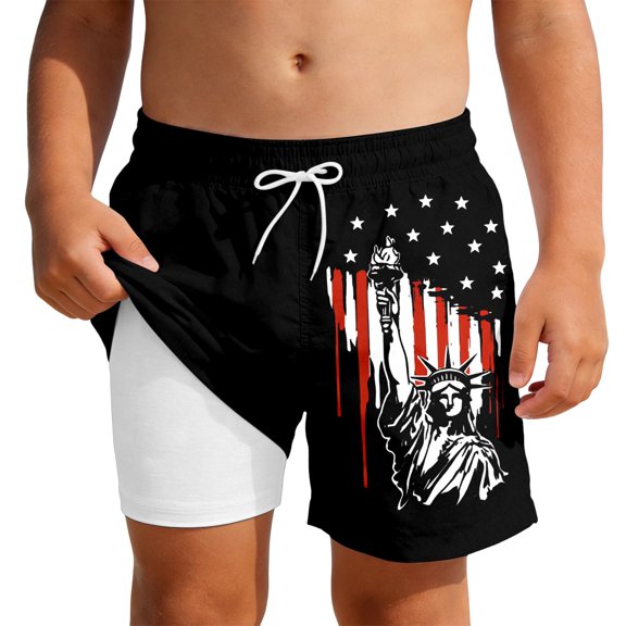 Kids Boys USA 250th Anniversary Stars and Stripes Print Swim Trunks Knee Length Double Layer Design Patriotic Theme Lightweight Beach Shorts Black 5 Years-6 Years