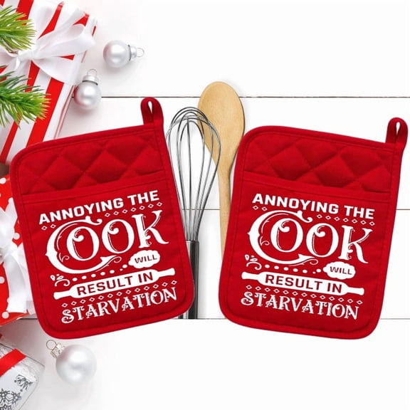 Set of 2 Red - Annoying The Cook Will Result in Starvation - Pot Holder - Oven Mitt - Hot Pad - Polyester & Neoprene White Elephant - 9" x 7" - NEO09REDDBL