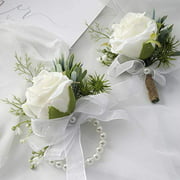 Floroom Rose Wrist Corsage Wristlet Band Bracelet and Men Boutonniere Set for Wedding Flowers Accessories Prom Suit Decorations White