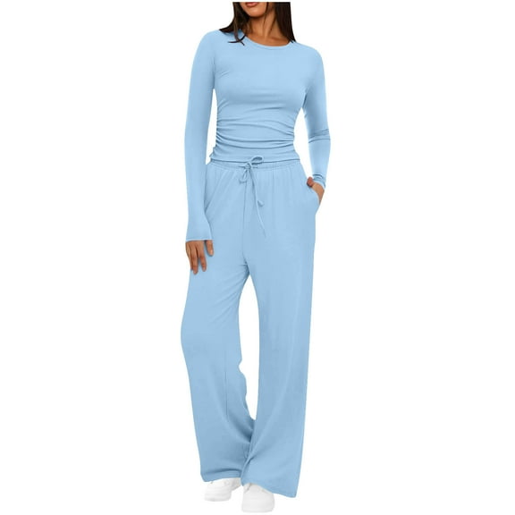 2 Piece Loungewear Sets for Women, Asymmetrical Long Sleeve Shirt Wide Leg Pants, Casual Outfits Tracksuit