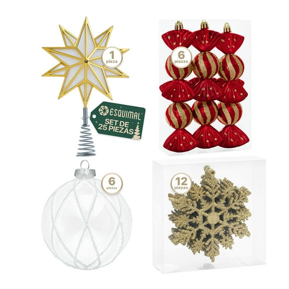 Set Esferas y Adornos Navideños para Árbol de Navidad Esquimal, 25 Piezas (Dorado Rojo)