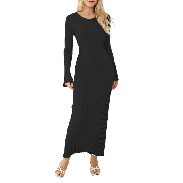 xiaxaixu Robe en Tricot pour Femmes, Manches Longues Élégantes Col Rond Côtelé Robe Longue d'Automne Mode Urbaine