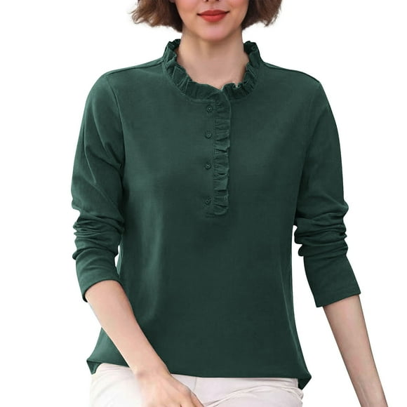 WRKEKC Long Sleeve Shirts for Women Solid Color Double Layer Thermal Lace Button Collar Top with Feminine Trim and Extra Warmth for Winter Layering