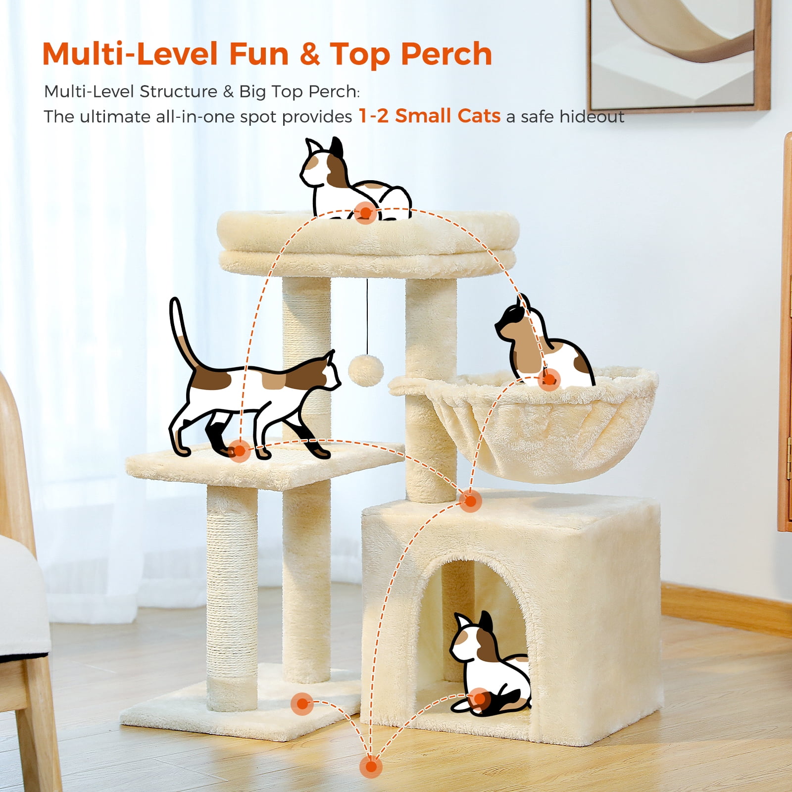 PAWZ Road Cat Tree 28.3" Cat Tower with Large Basket Top Perch and Scratching Posts Pad for Indoor Cats, Beige
