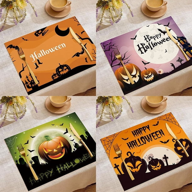 Decoraciones de Halloween Manteles individuales para decoración de fiestas de Halloween, exteriores, hogar, cocina, comedor, manteles individuales impermeables y lavables, juego de 4