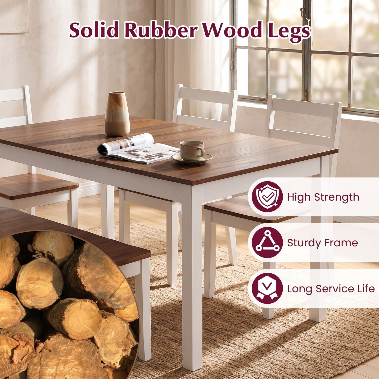 Furnibear 60 Inch Rectangular Dining Table for 6, Kitchen Dinner Table with Solid Rubber Wood Legs and Spacious Wood Grain Tabletop for Dining Room Restaurant, Brown
