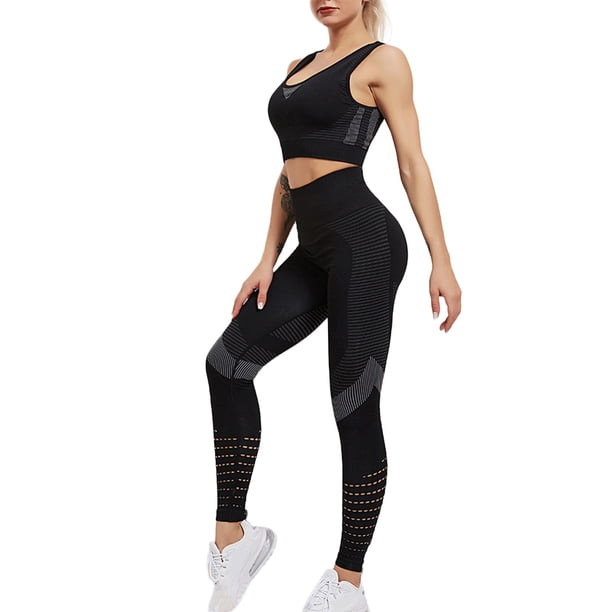 Conjunto de sujetador deportivo y leggings para mujer - Pantalones cortos de yoga, poliéster y spandex, cintura alta - Tallas S-XL