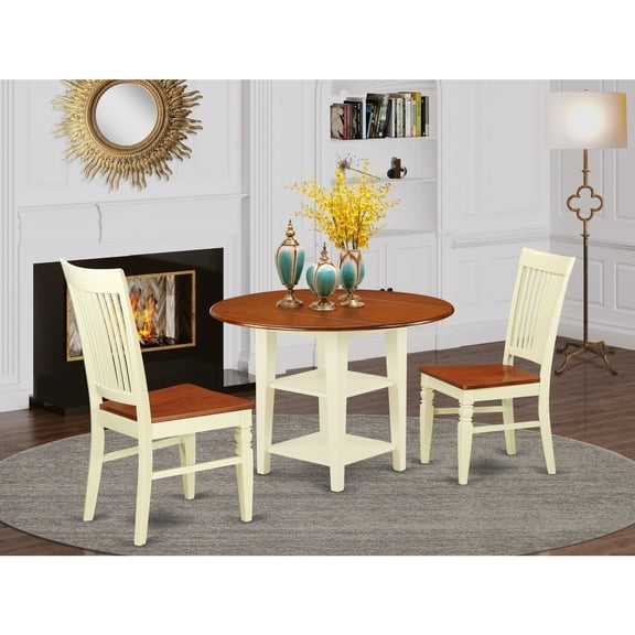 3 Piece Dinette Set - Round Table & 2 Chairs - Buttermilk Cherry Finish - Kitchen Dining Room Set
