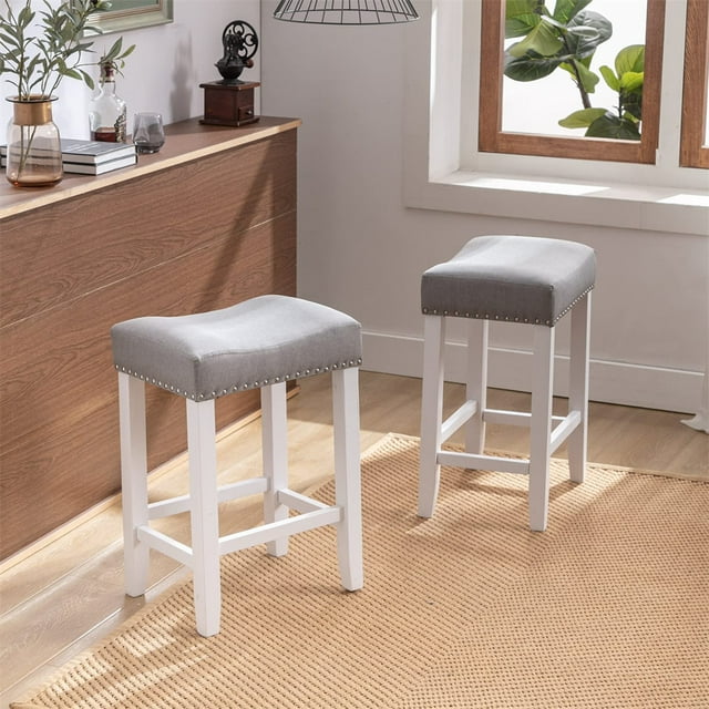Bar Stools Set of 2, Backless Square Counter Stool Solid Wood Legs, Saddle-style Island Stool, Farmhouse Barstools with Dailhead Trim Decorate for Kitchen Counter Dining Room,Light Gray