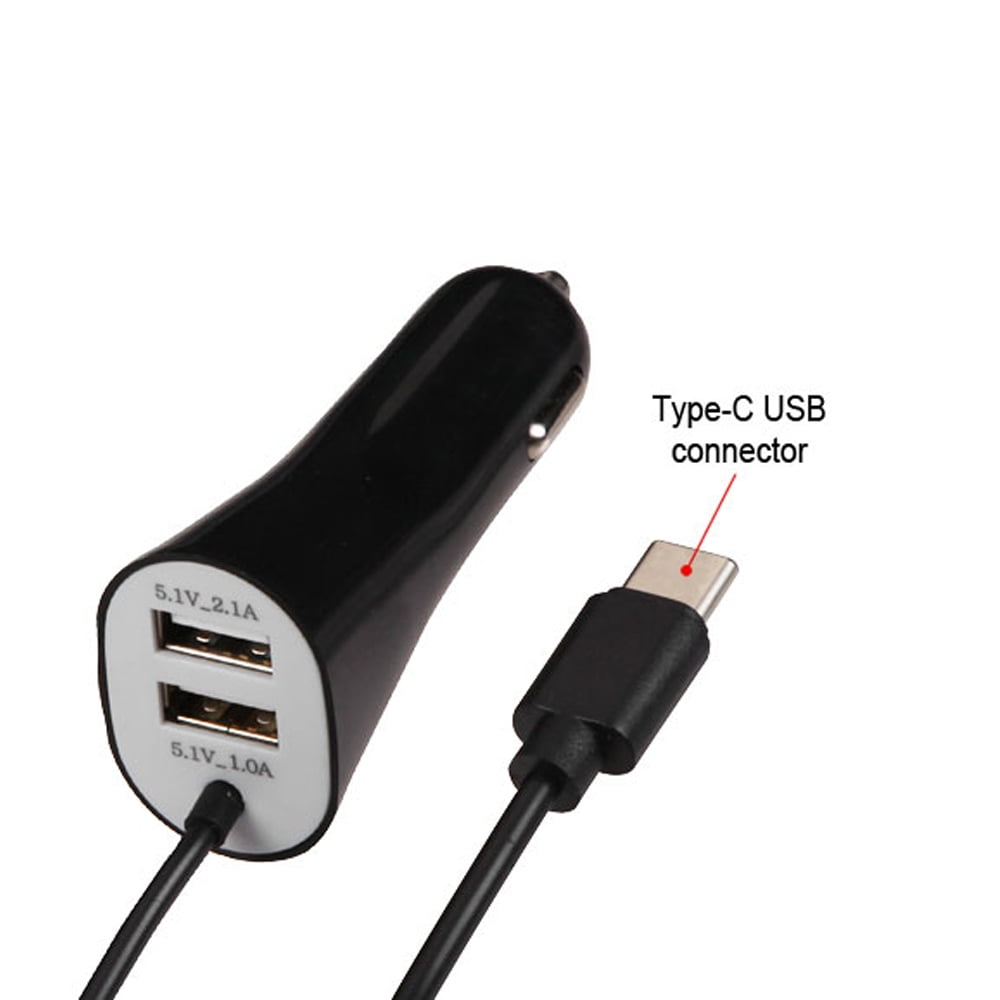 TypeC Car Charger with Dual USB Ports 3.3 FT [Black]