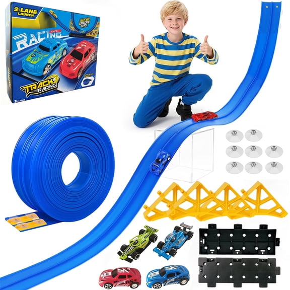 Berallo Flexible Race Track Slot Car Track 16.4ft DIY Flex Car Ramp Set for Kids Ages 3 (Blue)